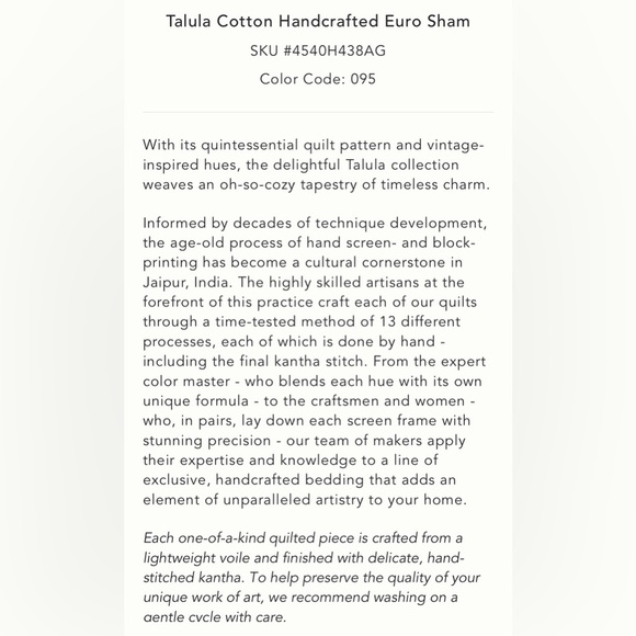 Anthropologie Talula Cotton Handcrafted Quilt with Euro Sham Size Queen NWT - Picture 9 of 17